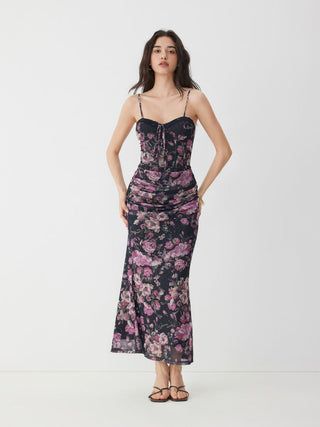 Mesh Sweetheart Neck Floral Ruched High Rise Maxi Dress