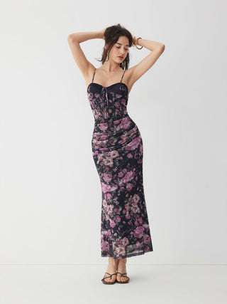 Mesh Sweetheart Neck Floral Ruched High Rise Maxi Dress