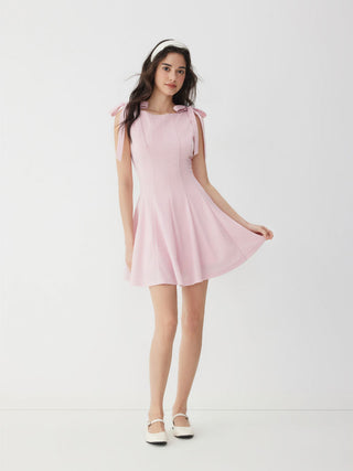 Bowknot Boat Neck Sleeveless Pleated Flared Mini Dress