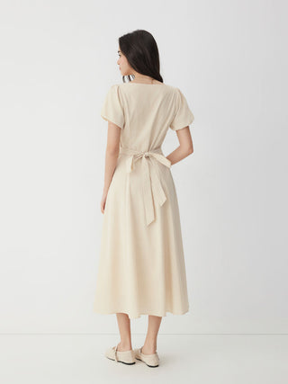 Cotton-blend Striped Ruched Tie Back Maxi Dress