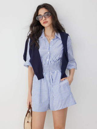 Cotton-Blend Striped Collar Shirred Waist Romper