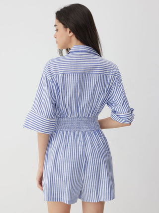 Cotton-Blend Striped Collar Shirred Waist Romper