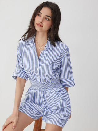 Cotton-Blend Striped Collar Shirred Waist Romper