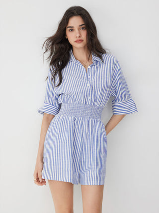 Cotton-Blend Striped Collar Shirred Waist Romper