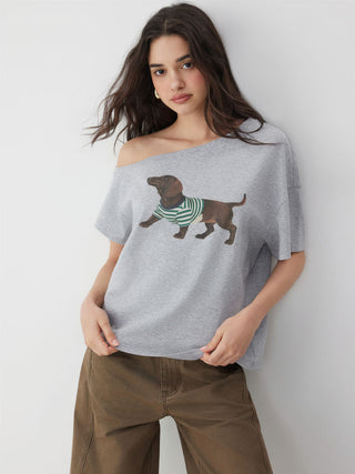 Cotton-blend Dachshund Graphic Asymmetrical Neck Oversized Tee