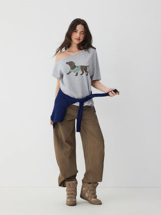 Cotton-blend Dachshund Graphic Asymmetrical Neck Oversized Tee