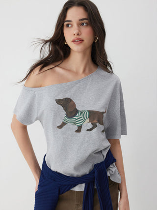 Cotton-blend Dachshund Graphic Asymmetrical Neck Oversized Tee