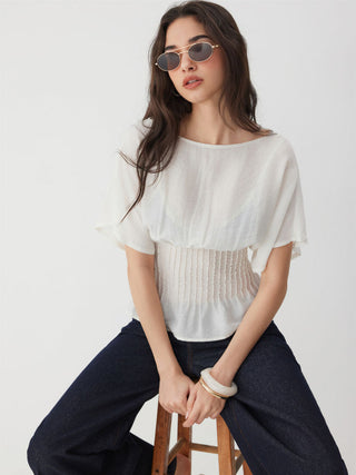 Linen-blend Linen-blend Boat Neck Ruched Batwing Sleeve Blouse For Daily Casual