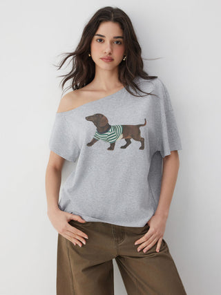 Cotton-blend Dachshund Graphic Asymmetrical Neck Oversized Tee