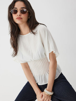 Linen-blend Linen-blend Boat Neck Ruched Batwing Sleeve Blouse For Daily Casual