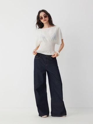 Linen-blend Linen-blend Boat Neck Ruched Batwing Sleeve Blouse For Daily Casual