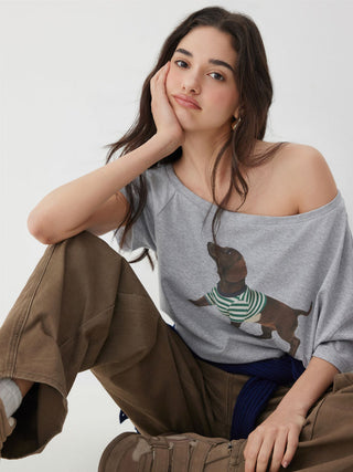 Cotton-blend Dachshund Graphic Asymmetrical Neck Oversized Tee