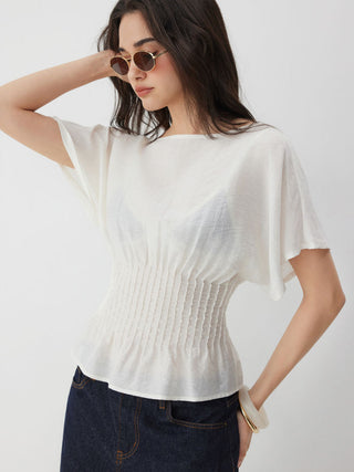 Linen-blend Linen-blend Boat Neck Ruched Batwing Sleeve Blouse For Daily Casual