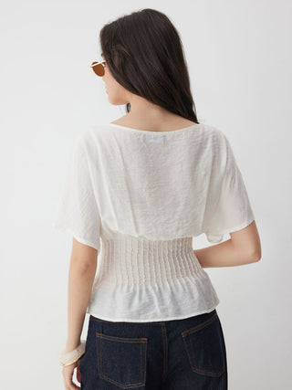 Linen-blend Linen-blend Boat Neck Ruched Batwing Sleeve Blouse For Daily Casual