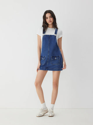 Denim Oversized A-line Pinafore Dress With Metal Detail
