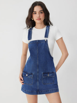 Denim Oversized A-line Pinafore Dress With Metal Detail