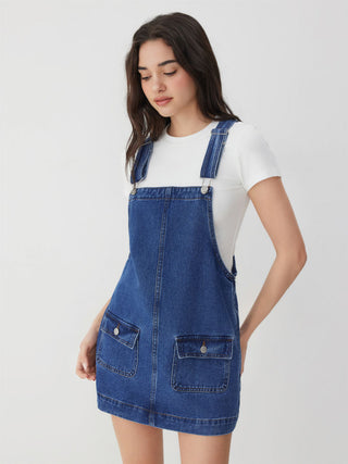 Denim Oversized A-line Pinafore Dress With Metal Detail