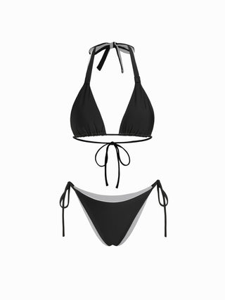 Colorblock Reversible Halter Neck Ruched Tie Side Triangle Bikini Set