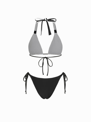 Colorblock Reversible Halter Neck Ruched Tie Side Triangle Bikini Set
