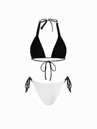 Colorblock Reversible Halter Neck Ruched Tie Side Triangle Bikini Set