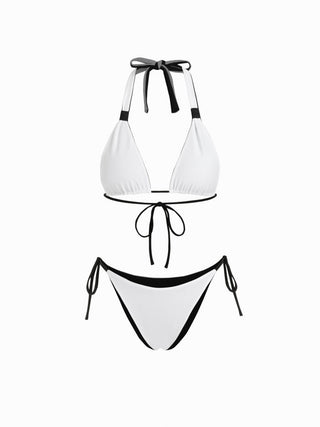 Colorblock Reversible Halter Neck Ruched Tie Side Triangle Bikini Set