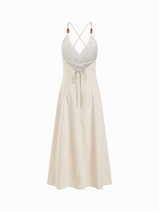 Woven Linen-blend V-neck Ruched Flared Maxi Dress For Daily Casual Vacation