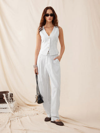 Linen-blend V-neck Striped Sleeveless Top & Mid Rise Tapered Trousers Set