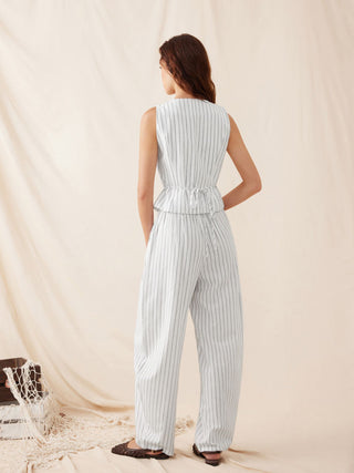 Linen-blend V-neck Striped Sleeveless Top & Mid Rise Tapered Trousers Set