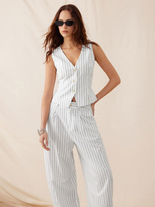 Linen-blend V-neck Striped Sleeveless Top & Mid Rise Tapered Trousers Set