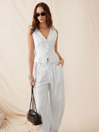 Linen-blend V-neck Striped Sleeveless Top & Mid Rise Tapered Trousers Set