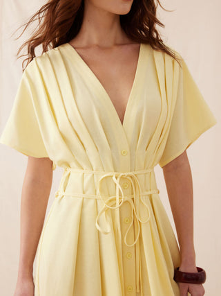Linen-blend V-neck Pleated Knotted A-line Maxi Dress