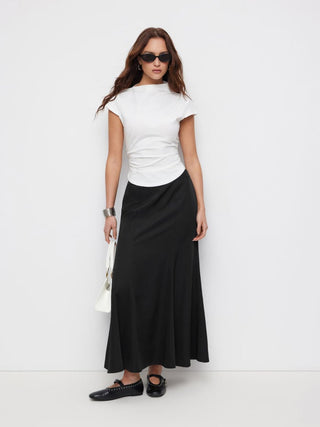 Cotton-blend Stand Collar Ruched Short Sleeve Tee