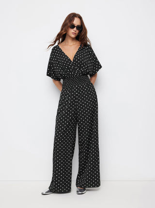 Chiffon Chiffon V-neck Ruched Cloak Sleeve Oversized Jumpsuit For Daily Casual