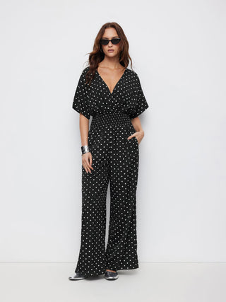 Chiffon Chiffon V-neck Ruched Cloak Sleeve Oversized Jumpsuit For Daily Casual