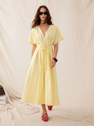 Linen-blend V-neck Pleated Knotted A-line Maxi Dress