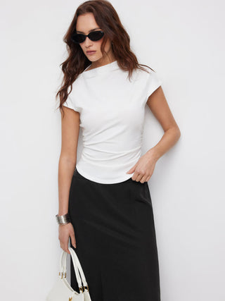 Cotton-blend Stand Collar Ruched Short Sleeve Tee