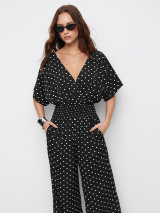 Chiffon Chiffon V-neck Ruched Cloak Sleeve Oversized Jumpsuit For Daily Casual