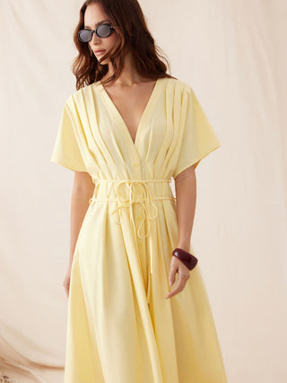 Linen-blend V-neck Pleated Knotted A-line Maxi Dress