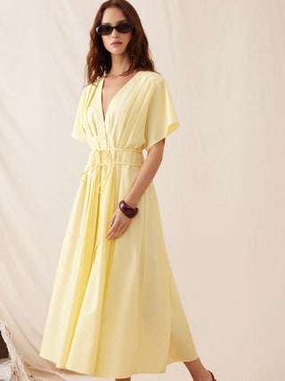 Linen-blend V-neck Pleated Knotted A-line Maxi Dress