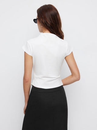 Cotton-blend Stand Collar Ruched Short Sleeve Tee