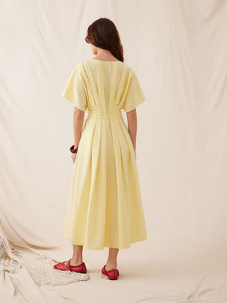 Linen-blend V-neck Pleated Knotted A-line Maxi Dress