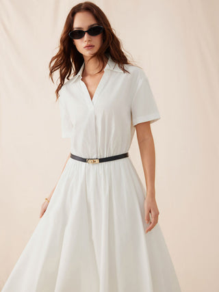 Cotton-blend Collar Shirt Maxi Dress With Metal Detail Belt
