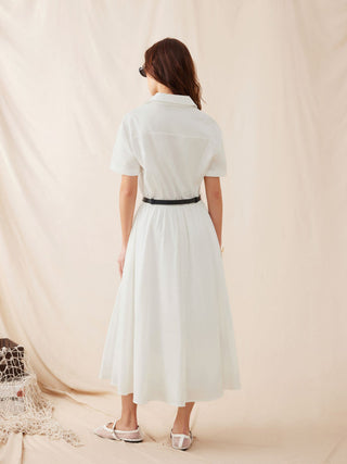 Cotton-blend Collar Shirt Maxi Dress With Metal Detail Belt