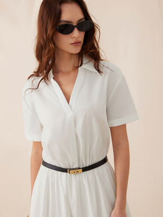 Cotton-blend Collar Shirt Maxi Dress With Metal Detail Belt