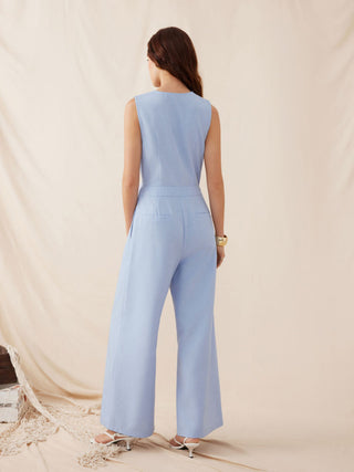 Woven V-neck Metal Button Pocket Wide Leg Jumpsuit For Work