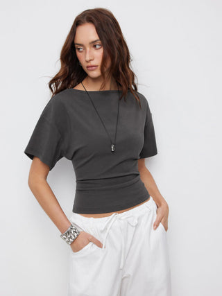 Cotton-blend Boat Neck Short Sleeve Tee