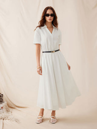 Cotton-blend Collar Shirt Maxi Dress With Metal Detail Belt