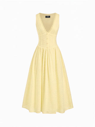 Woven Cotton-blend Sculptural V-neck Broderie Anglaise Floral Lace Trim Button Midi Dress For Vacation