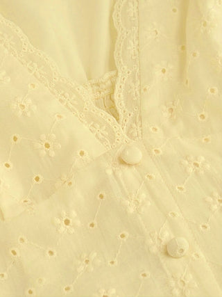 Woven Cotton-blend Sculptural V-neck Broderie Anglaise Floral Lace Trim Button Midi Dress For Vacation