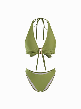 Halter Neckline Ruched Metal Detail Bikini Set